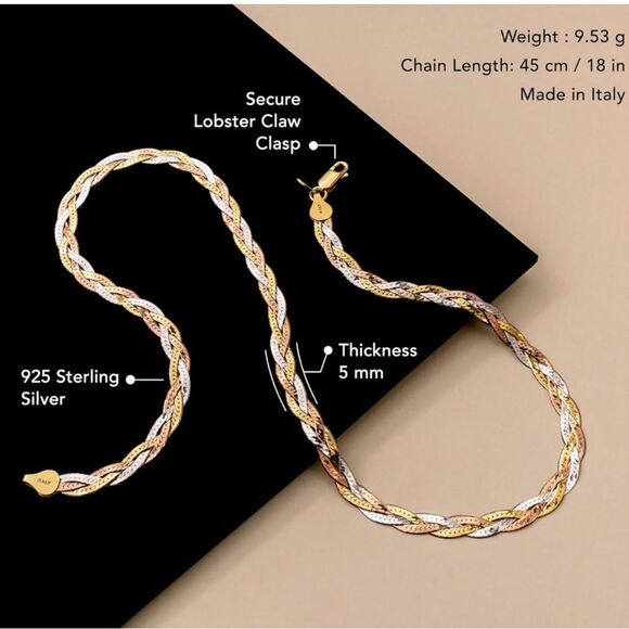 Fine Italian 18k 925 Tri-Color Herringbone Braided Necklace - Picture 4 of 8